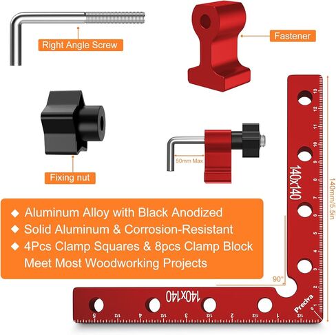 Preciva 90 Degree Positioning Squares (14cm/5.5"), Aluminum Alloy Right Angle Clamps Fixing Clamp, Professional Woodworking Tools Carpenter Squares for Picture Frame Box (5.5inch*4 Pack) (Red) in Kuwait