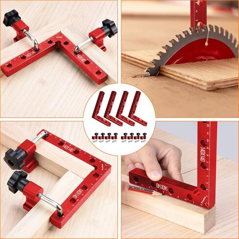 Preciva 90 Degree Positioning Squares (14cm/5.5"), Aluminum Alloy Right Angle Clamps Fixing Clamp, Professional Woodworking Tools Carpenter Squares for Picture Frame Box (5.5inch*4 Pack) (Red) in Kuwait