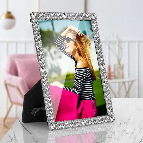 LARAINE 5x7 Picture Photo Frame Rhinestones Pearl Metal High Definition Glass Display Pictures for Tabletop Crystal Home Decorative Holiday Gift (Rhinestones-Clear) in Saudi Arabia