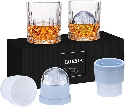 Whiskey Rocks Glass, Set of 4 (2 Crystal Bourbon Glasses, 2 Round Big Ice Ball Molds) In Gift Box - 10 Oz Old Fashioned Glasses for Scotch Cocktail Rum Cognac Vodka Liquor, Unique Gifts for Men in Saudi Arabia