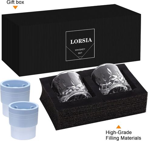 Whiskey Rocks Glass, Set of 4 (2 Crystal Bourbon Glasses, 2 Round Big Ice Ball Molds) In Gift Box - 10 Oz Old Fashioned Glasses for Scotch Cocktail Rum Cognac Vodka Liquor, Unique Gifts for Men in Saudi Arabia