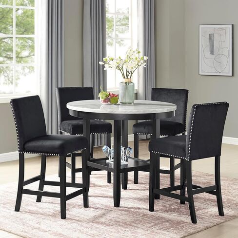 NicBex Dining Table for 4 Kitchen Table and Chairs 5Pc Round Counter Height Dining Table Set with Faux Marble Upholstered for Dining Room and Restaurant, Wooden, Black in Saudi Arabia