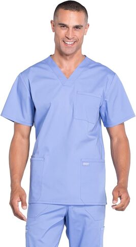Men Scrubs Set Workwear Professionals WW695 V-Neck Top & WW190S Tapered Leg Fly Front Cargo Pant, Ciel- M Top/M Short Pant in Saudi Arabia