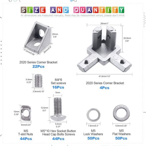 مجموعة موصلات الألومنيوم من سلسلة Glarks 230 قطعة 2020 تتضمن 22 قطعة دعامة زاوية، 44 قطعة صواميل T، 4 قطع موصل دعامة زاوية نهاية 3 اتجاهات ومسامير براغي رأس زر غسالات مسطحة in Kuwait