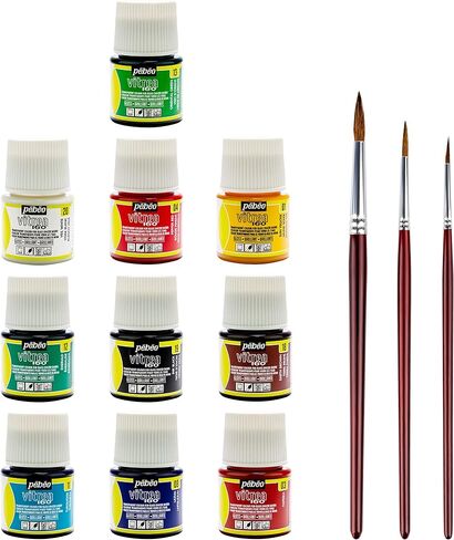 Pebeo Vitrea 160 Glossy Glass Paint - Set of 10 Assorted Colors, DIY Arts & Crafts Painting Supplies, Heat-Resistant Finish, Microwave & Dishwasher Safe Formula, 45 ml Bottles Bundled with Brush Set in Saudi Arabia
