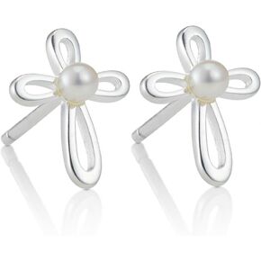 Hypoallergenic Sterling Silver Cherish Cross Freshwater Pearl Stud Earrings for girls. Ideal for Baptism, Quinceañera, Flower Girls and First Communion Gifts