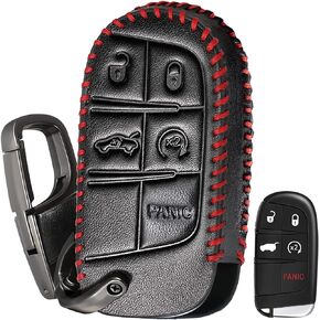 Leather Key Fob Cover for Jeep, Key Fob Cover Keychain Accessories for Grand Cherokee Renegade Chrysler 200 300 Dodge RAM Durango Charger Challenger Journey Dart Fiat