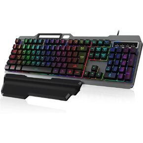 cimetech Wired Gaming Keyboard, Rainbow LED Backlit Anti-ghosting Computer Keyboard with Wrist Rest, Spill-Resistant Design, Multimedia Keys, Quiet Ergonomic Keyboard for Windows Laptop PC Mac