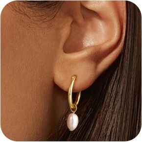 Pearl Earrings for Women,Dainty Gold Pearl Drop Earrings Freshwater Wedding Earrings for Brides Pearl Dangle Earrings Cute Small Pearl Hoop Earrings Jewelry for Gift