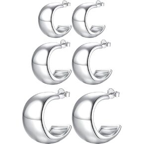 Fcebsty 3 Pairs White Gold Plated Lightweight Hoop Earrings Set for Women Trendy Silver Hoop Earrings Hypoallergenic Chunky Open Hoops Jewelry for Gift