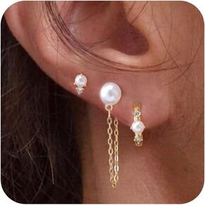Pearl Earrings for Women,Dainty Gold Pearl Drop Earrings Freshwater Wedding Earrings for Brides Pearl Dangle Earrings Cute Small Pearl Hoop Earrings Jewelry for Gift