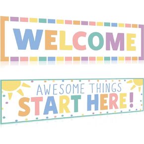 Pastel Welcome Classroom Decorations, Colorful Rainbow Awesome Things Happen Here Bulletin Board Decor, Boho Welcome Banner Poster for Pre Elementary Middle School Wall Signs Supplies Teachers Kids