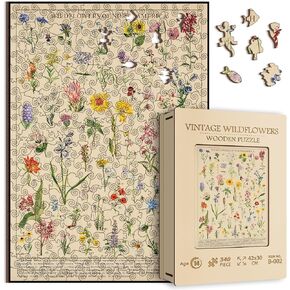 Vintage Wooden Wildflowers Puzzle 340 Pieces for Adult, Botany Plant Flower Puzzle of Wildflowers of North America, Floral Wooden Jigsaw Puzzles Nature, 15.7 * 11.2 in