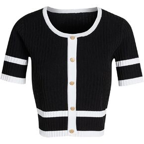 Women's Crew Neck Short Sleeve Collar Contrast Trim Button Front Slim Fit Knit Crop Top