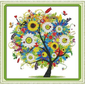 Benway Counted Cross Stitch Kit Colorful Lucky Tree Flowers Tree 14 Count 15''x15''