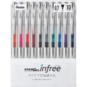Pentel EnerGel Ink Ballpoint Pen (EnerGel Infree), 0.7mm ball, 10 Color Set (BL77TL-10)