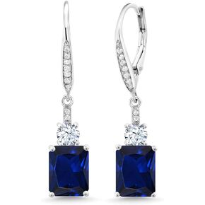 Gem Stone King 925 Sterling Silver Blue Created Sapphire Dangle Earrings For Women (5.40 Cttw, Gemstone September Birthstone, Octagon 9X7MM)