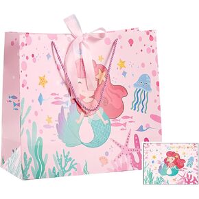 YYaaloa 13.8" Large Gift Bag Set Pink Mermaid Gift Bag & Greeting Card and Tissue Papers 13.8" x 12.6" x 5.9" for Men, Women,Girls Birthday Baby Shower Party (Pink 1pack)