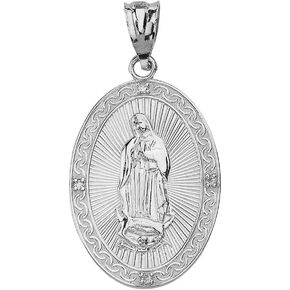Religious Jewelry 925 Sterling Silver Our Lady Of Guadalupe Medallion CZ Oval Pendant (Large)