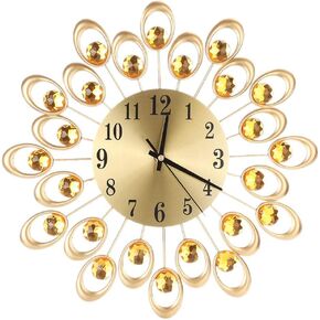 Sparkling Wall Clock, European Style Flower Clock Iron Art Battery Operated Hanging Wall Clock for Dining Room Living Room Office Home Bar Cafe 37cm Dia (Gold)