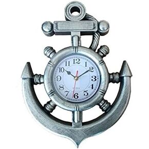 Silver Ship Wheel and Anchor Wall Clock 15" - Nautical Clock - Nautical Theme