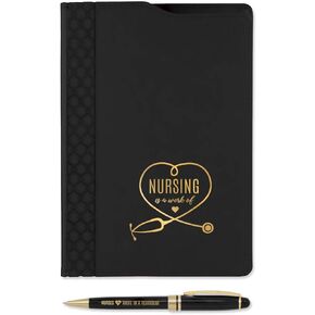 Nurse Appreciation Black Folio And Pen Set / 5.75" x 8.75" Nursing Is A Work Of Heart Black And Gold Faux Leather Padfolio Notebook Pen Set/Modern Nurses Present