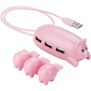 Cute USB 2.0 Hub Pink Mom Pig USB Hub with 3 Piglet Decoration Lids Great Gifts for Pig Lovers Cute Pig Stuff Pig Decor, 85x65mm