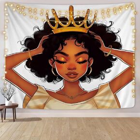 SARA NELL Black Girl Tapestry African American Women Girl with Gold Crown Tapestries Black Queen Princess Wall Hanging Wall Art Throw Tablecloth 50X60 Inches for Bedroom Living Room Dorm Room