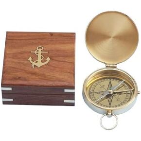 Hampton Nautical Solid Brass Gentlemen's Compass with Rosewood Box, 4", Brass