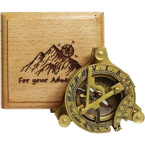 Sundial Compass with for Your Adventures Engraved on Wooden Box | Hiking Compass Gift for Adventure, Camping, Travel