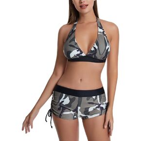 Women Camouflage Bikini Camo Swimsuit Push Up Halter Top Tie Dye Ruched Shorts 2 Piece