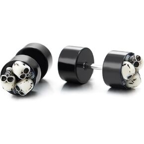Men Women Steel Black Circle Stud Earring Inlayed Three White Acrylic Skulls Cheater Fake Ear Gauge