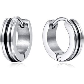 Mens Womens Grooved Huggie Hinged Hoop Earrings, Black Enamel, Stainless Steel