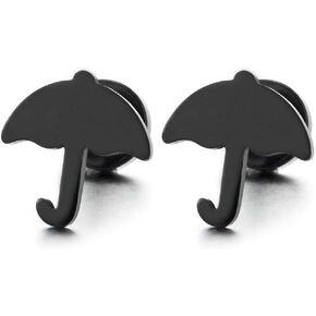 Pair Mens Womens Black Plain Umbrella Stud Earrings Stainless Steel, Screw Back