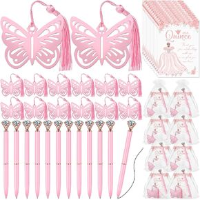 24 Sets Quinceanera Party Favors for Guests Included 24 Pink Butterfly Metal Bookmark 24 Pink Big Crystal Diamond Pens 24 Thank You Cards and Organza Bags 16 Party Favors 15 Years Birthday