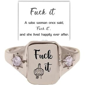 FUCK IT Square Ring for Women Men, Fuck It Middle Finger Dainty Bar Ring Funny Engraved Stackable Statement Letter Ring Fuck Off Minimalist Knuckle Signet Ring Inspirational Friendship Jewelry Gifts