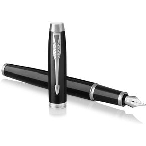 PARKER IM Fountain Pen, Black Lacquer Chrome Trim, Fine Nib with Blue Ink Refill (1931644)