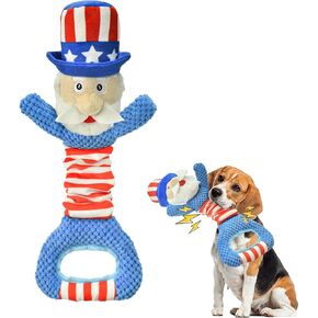 4th of July Uncle Sam Plush Dog Squeak Toy USA Independence Day Themed Puppy Plush Toy with Crinkle Paper Dog Tug of War Squeak Toy for Small Middle Large Size Dog
