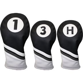 Majek Golf Headcovers Black and White Leather Style 1, 3, H Driver Hybrid and Fairway Head Covers Fits 460cc Drivers
