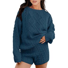 ANRABESS Women‘s 2 Piece Outfits Long Sleeve Cable Knit Chunky Oversized Pullover Sweaters Fall Lounge Loungewear Sets