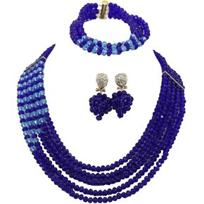 5 Rows Royal Blue Crystal Jewelry Set Handmade African Wedding Necklace Bracelet Earrings Set