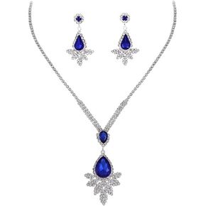 Urieo 2 PCS Rhinestone Wedding Jewelry Set Crystal Teardrop Necklace Earrings Sparkling Sapphire Jewelry Accessories Prom Party for Women Bridal