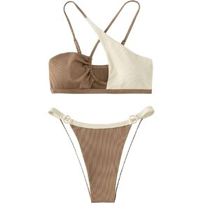 SweatyRocks Women's 2 Piece Colorblock Bikini Swimsuit Set Asymmetrical High Cut Bathing Suit