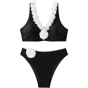 MakeMeChic Women's Plus Size 2 Piece Swimsuit 3D Floral Applique Colorblock V Neck High Waisted Bikini Sets Bathing Suit