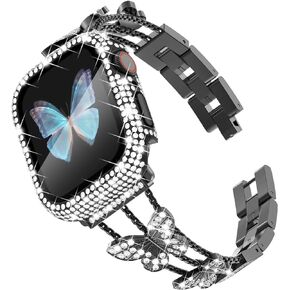 Wingle لـ Starlight Apple Watch Bands 44mm للنساء، iWatch Series 6 5 4 SE فراشة الماس حجر الراين كريستال سوار الفولاذ المقاوم للصدأ مع واقي شاشة بلينغ حافظة حزام سلسلة أنيق، 44