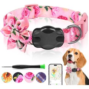 Airtag Dog Collar for Large Dogs, Rose-Pink Dog Collars Girl with AirTag Holder Waterproof Airtag Case, Including Flower Spring Dog Collar Bowtie, for All Female Dogs ﻿