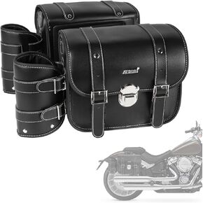 Motorcycle Throw Over Saddlebags Panniers Side Bags Lockable Synthetic Leather Saddle Bag With Water Bottle Holder Compatible With For Dyna Sportster Softail Road King,2 Pack Black