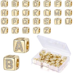 Hicarer 26 Pieces Rhinestone Letters Cube Beads ABC Alphabet Dice Beads A-Z Beads Big Hole DIY Charm for Jewelry Making Bracelet Necklace Earrings