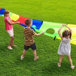 Play Parachute Game for Kids 17.7 x 3 ft Play Rectangular Parachute Game Rainbow Parachute with Handles and Ball for Team Building Games Field Day Outdoor Playground Cooperative Activities