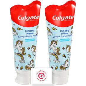 Colgate Kids Fluoride Anticavity Toothpaste for Ages 2+, ADA-Accepted Clinically Proven, Cavity & Enamel Protection | Mild Bubble Fruit Flavor - Dinosaur Figures - 2 Tubes Plus Muchai Card